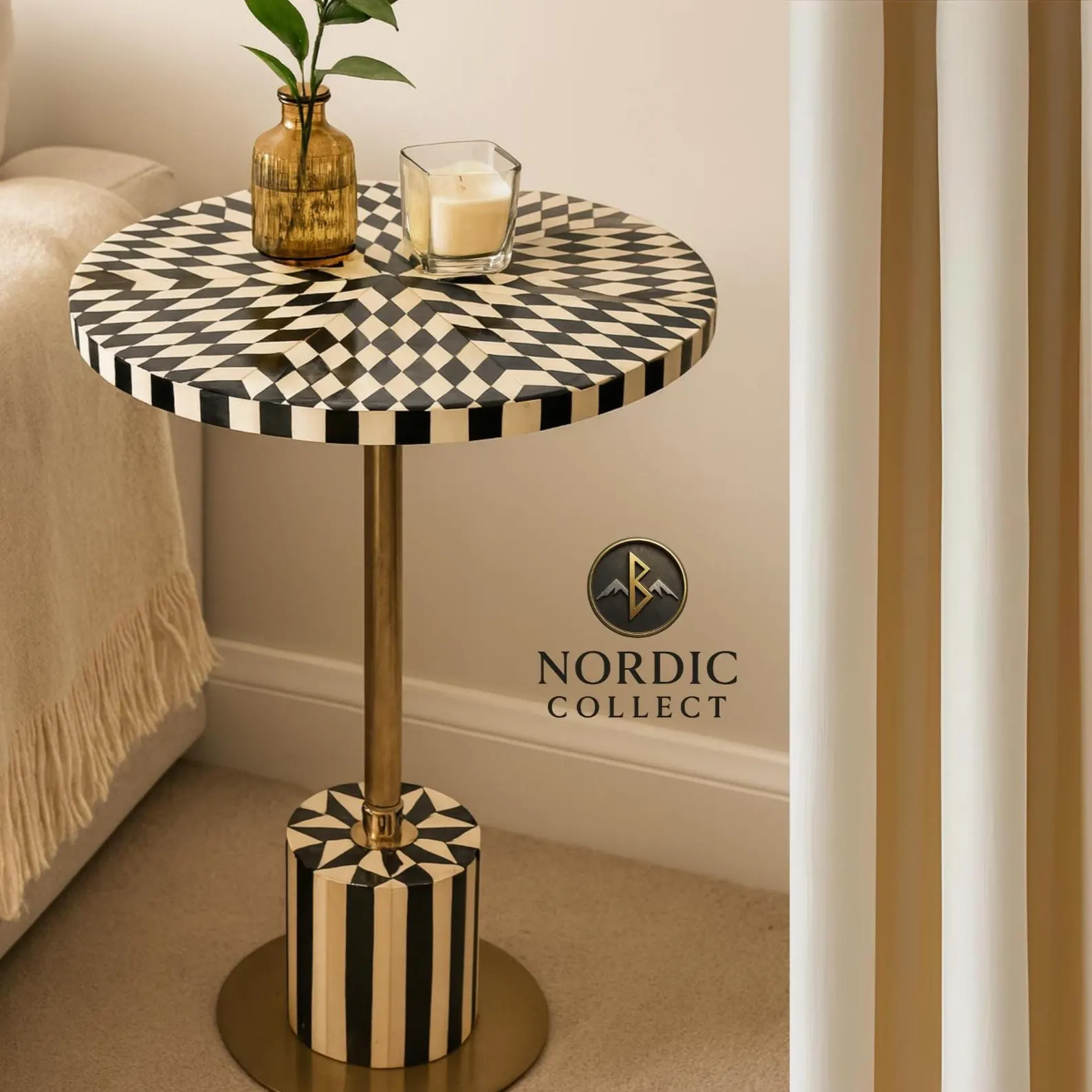 Handmade Black & White Inlay Round Side Table cover image