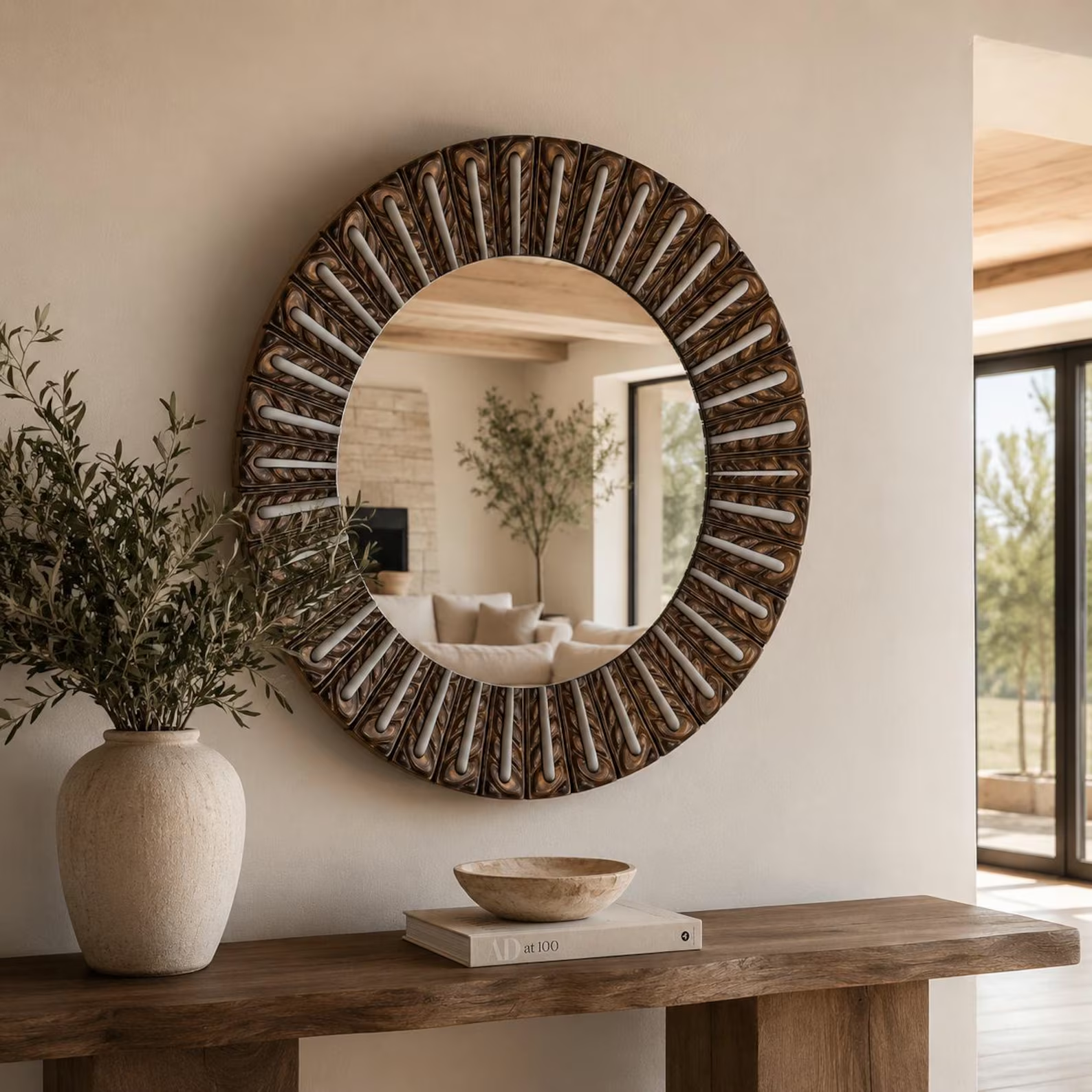 Round wooden mirror with carved birch frame cover image
